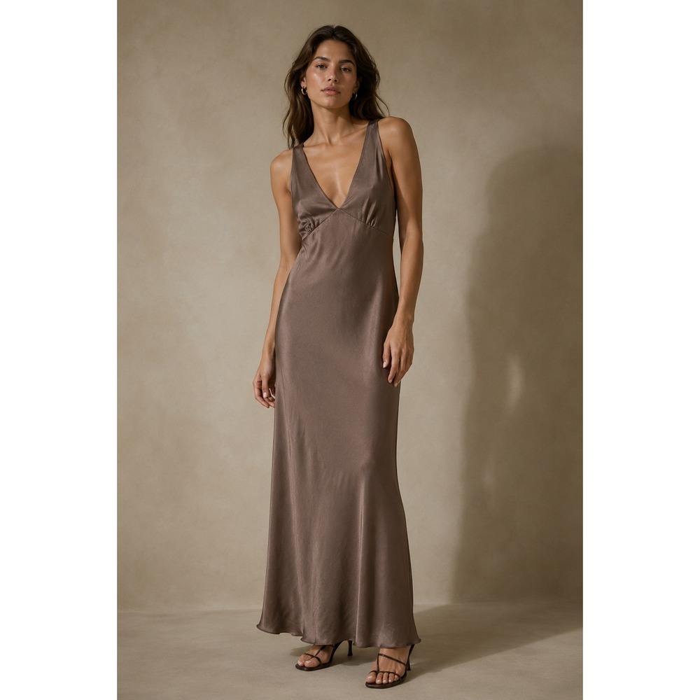 NWT bebe M Mocha Satin Deep V Maxi Dress 90s Minimalist Wedding Guest Y2K